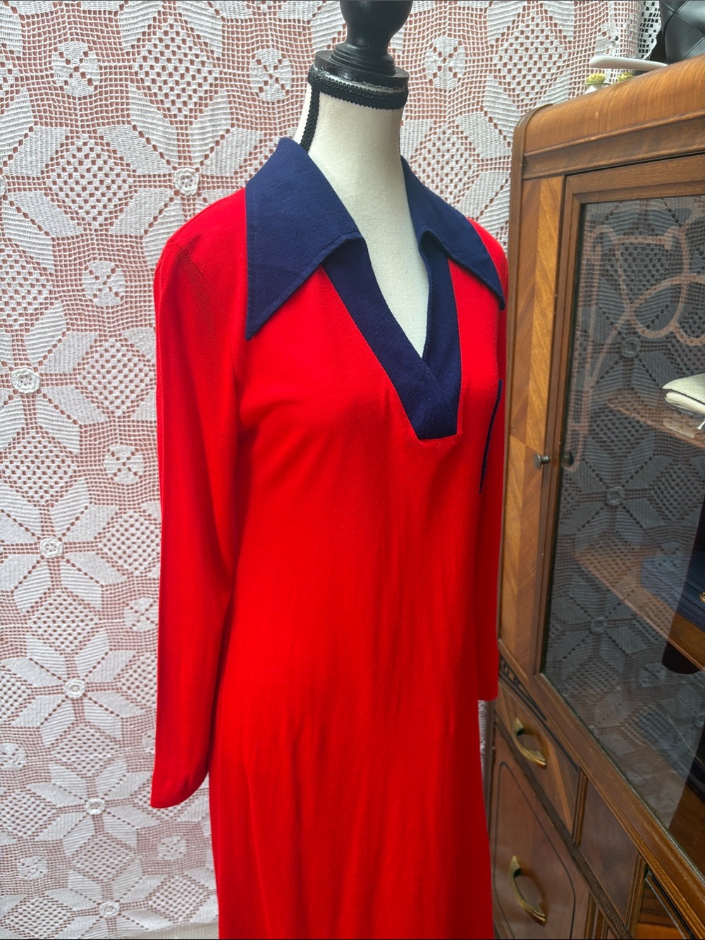 Women's Red Maxi Dress with Navy Collar - Picture 9 of 11